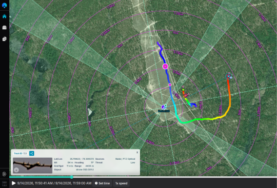 MatrixSpace AiEdge UI visually confirming a fixed-wing drone radar track