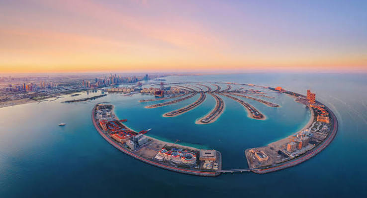 Aerial view of Palm Jumeirah at sunset
