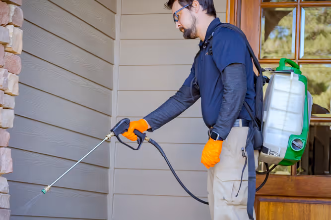 pest control technician spraying liquid barrier solution on a house exterior with a backpack sprayer.