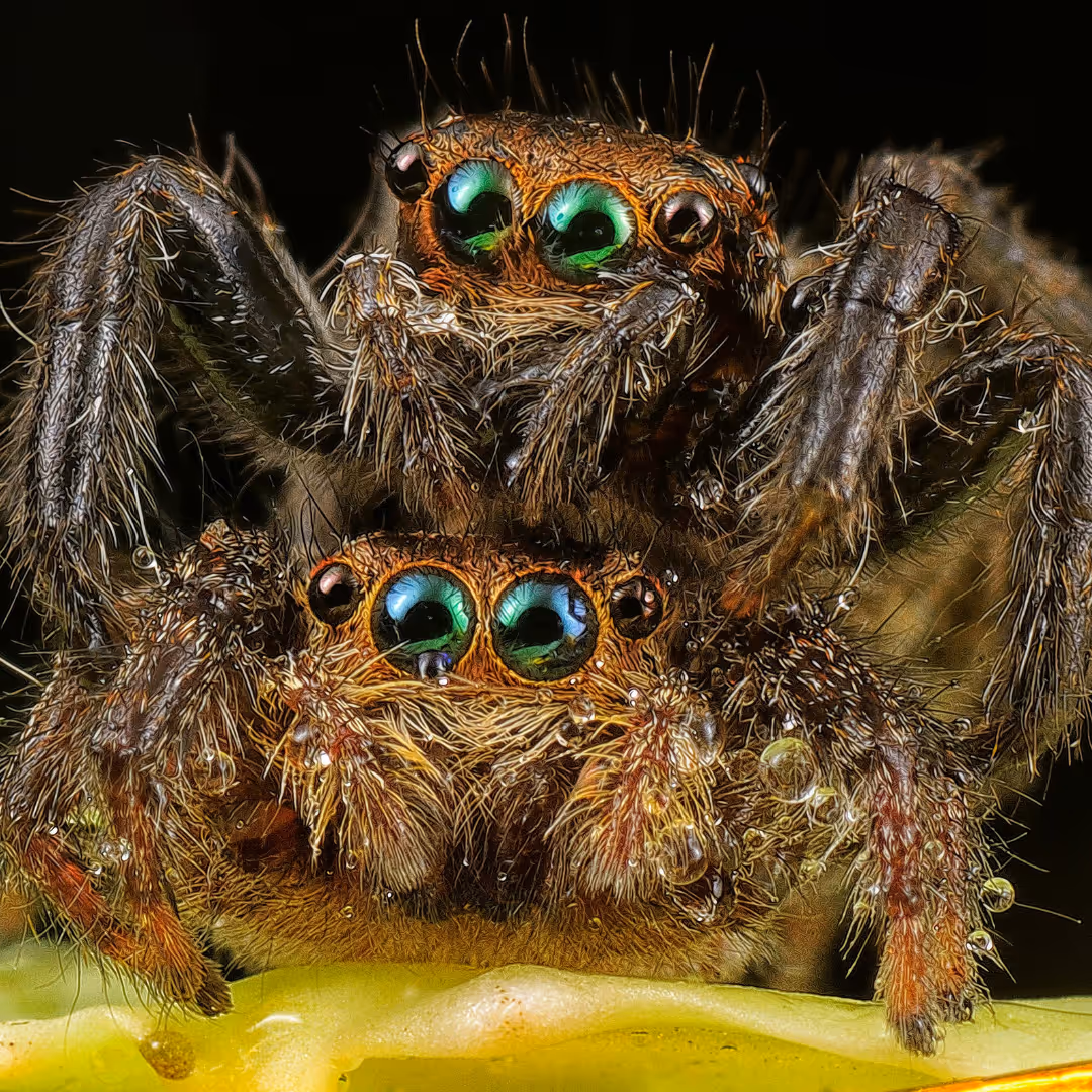 Close-up macro image of two hairy jumping spiders with vibrant green eyes on a green surface against a black background.
