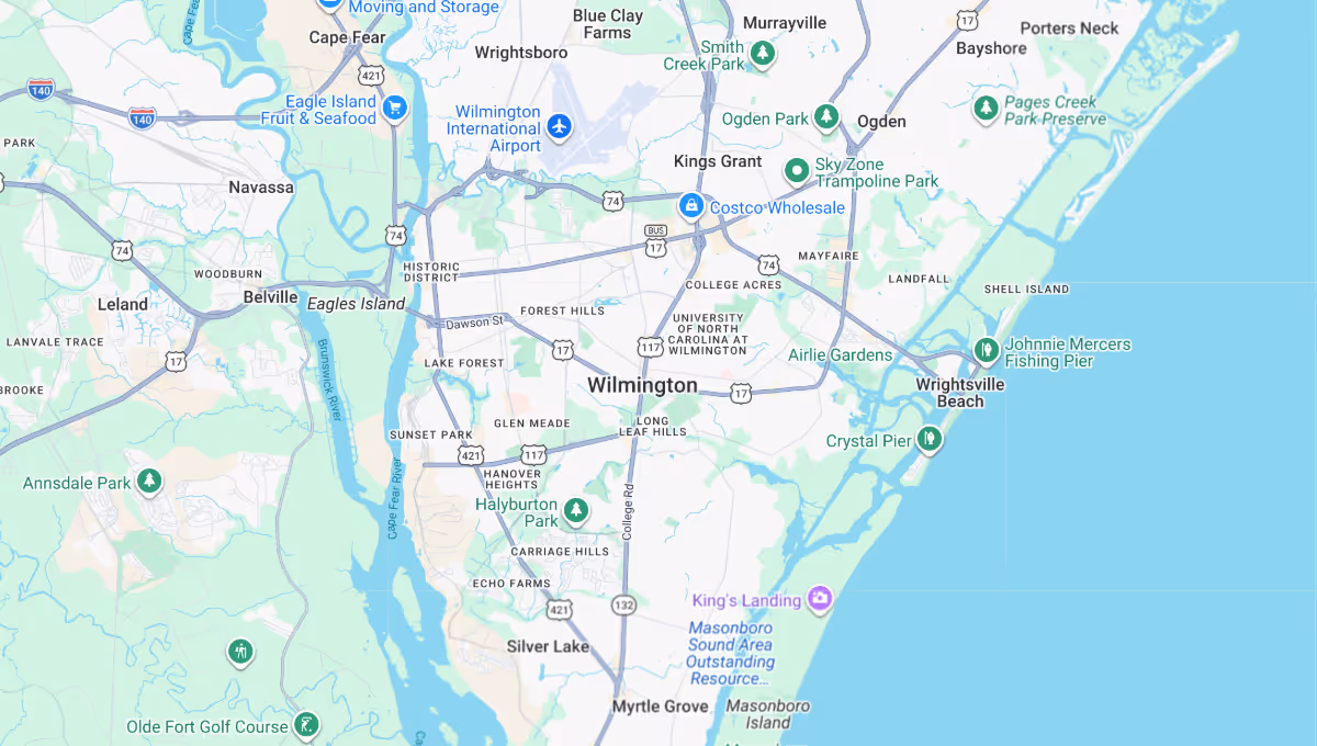 Map showing Wilmington, North Carolina, and surrounding areas including Wrightsville Beach, Leland, and nearby parks and landmarks.