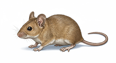 Brown mouse with large ears, black eyes, and a long tail on a light background.