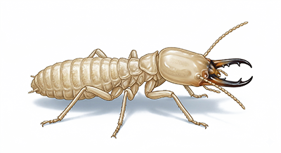 Detailed illustration of a termite with segmented body, six legs, and large pincers on its head.
