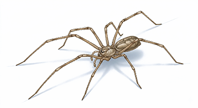 Brown spider with long thin legs on a plain light surface.