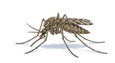 Detailed illustration of a mosquito showing its long legs, wings, and segmented body.