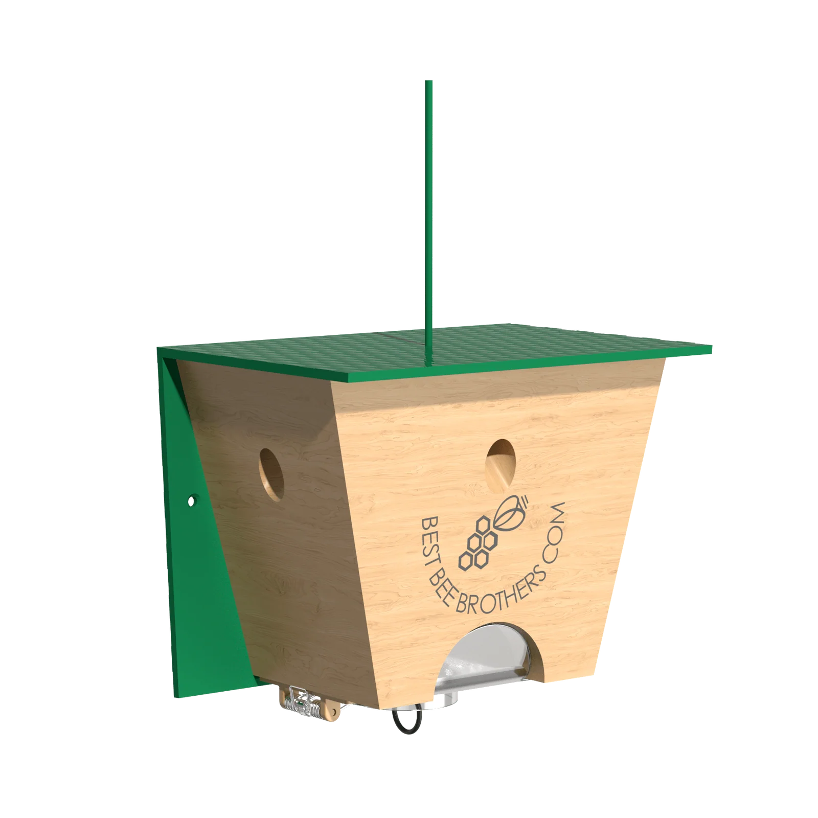Wooden bee trap box with green metal roof and sides, labeled BestBeeBrothers.com with a bee and honeycomb logo.