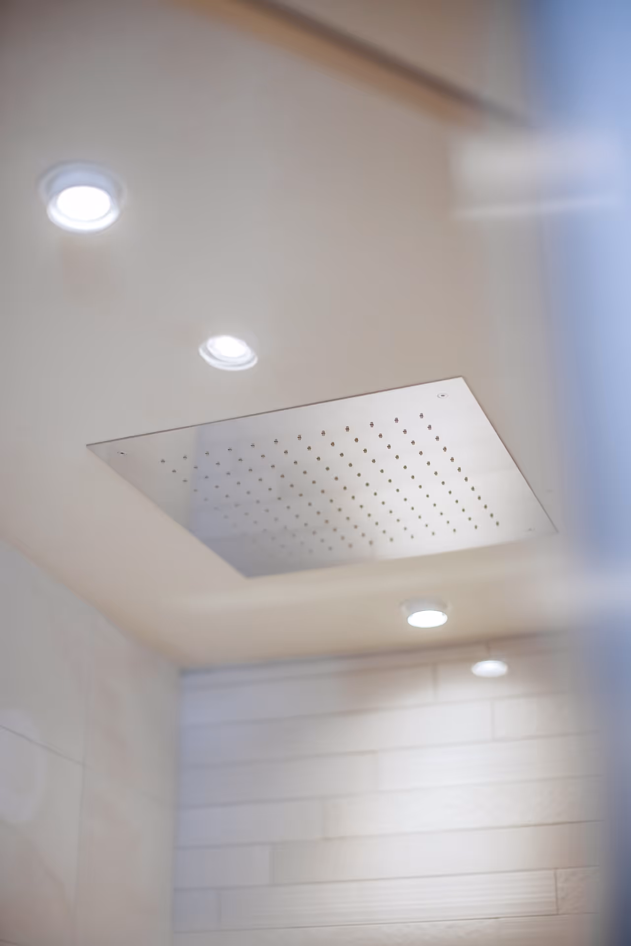Minimalist rain showerhead with warm, recessed lighting in a contemporary bathroom.