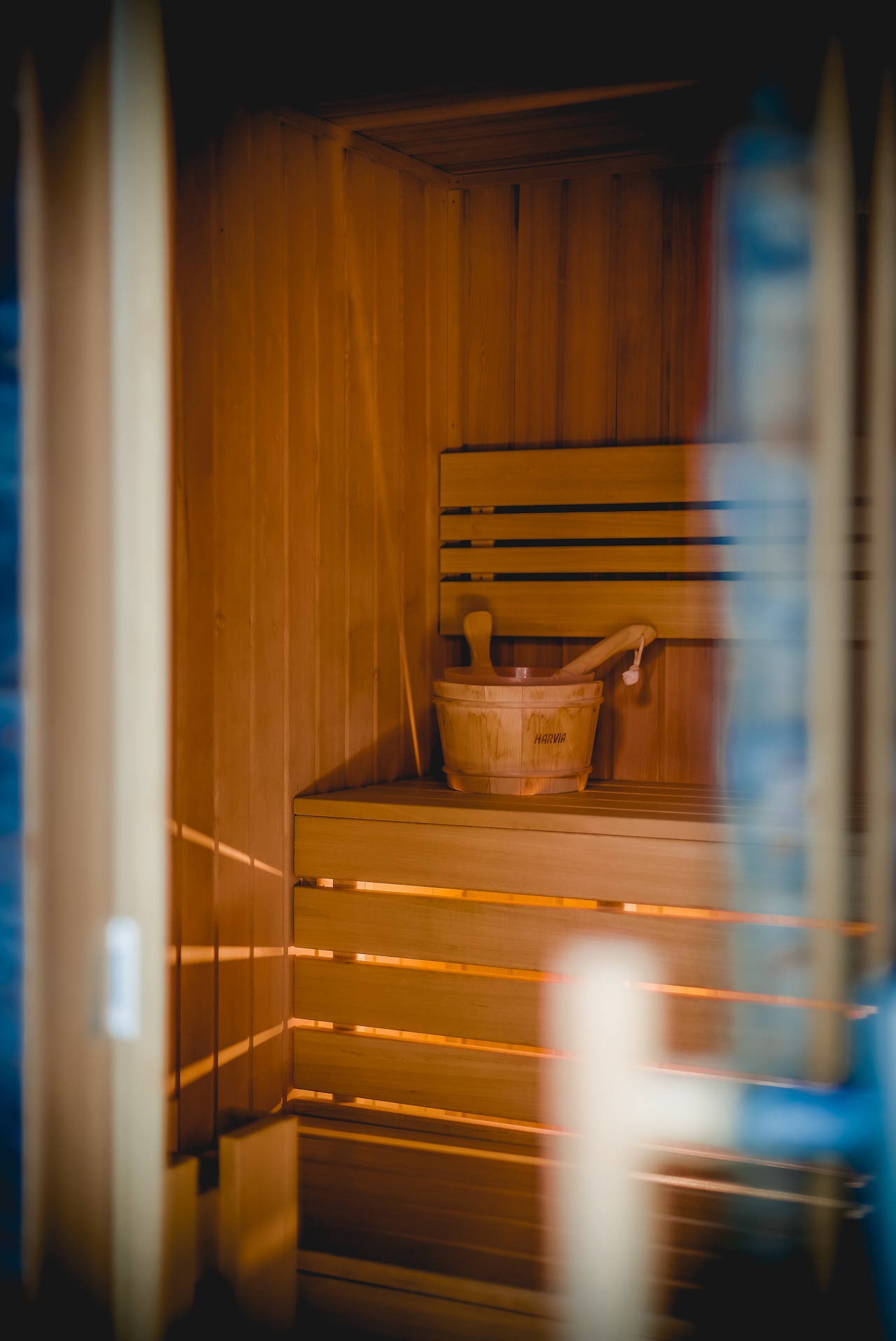 Warm and inviting private sauna with wooden interiors in the Retreat Suite at La Cresta Chalet.