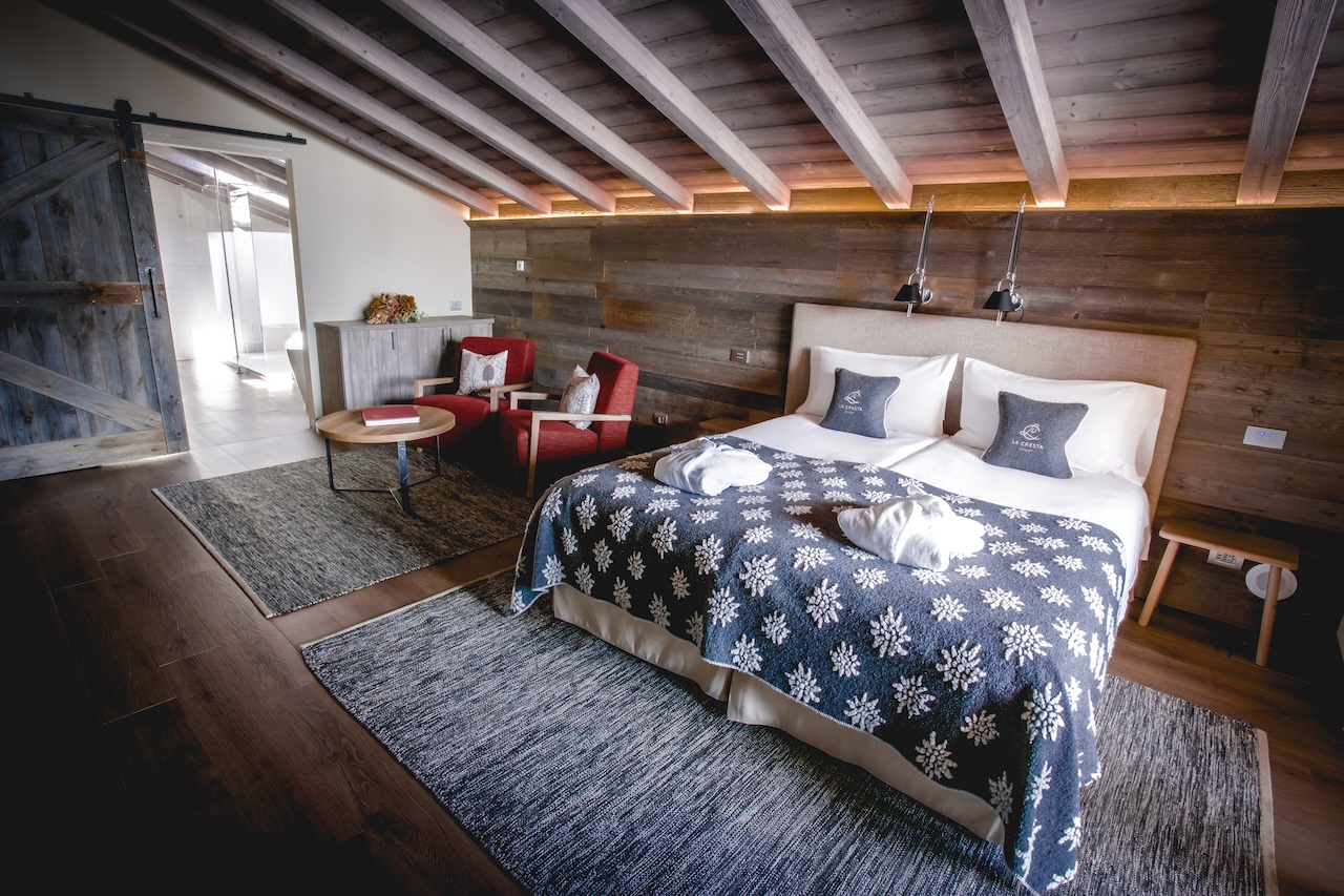 Elegant top-floor Retreat Suite at La Cresta, featuring a private south-facing balcony with outdoor jacuzzi and stunning mountain views.