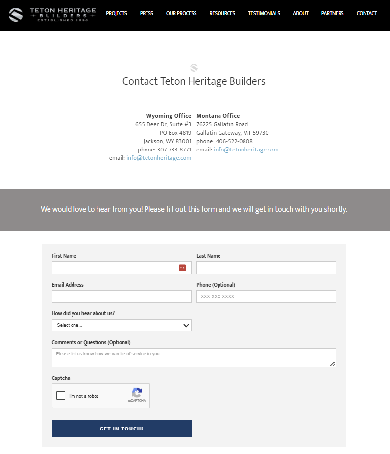 Contact Us page on desktop