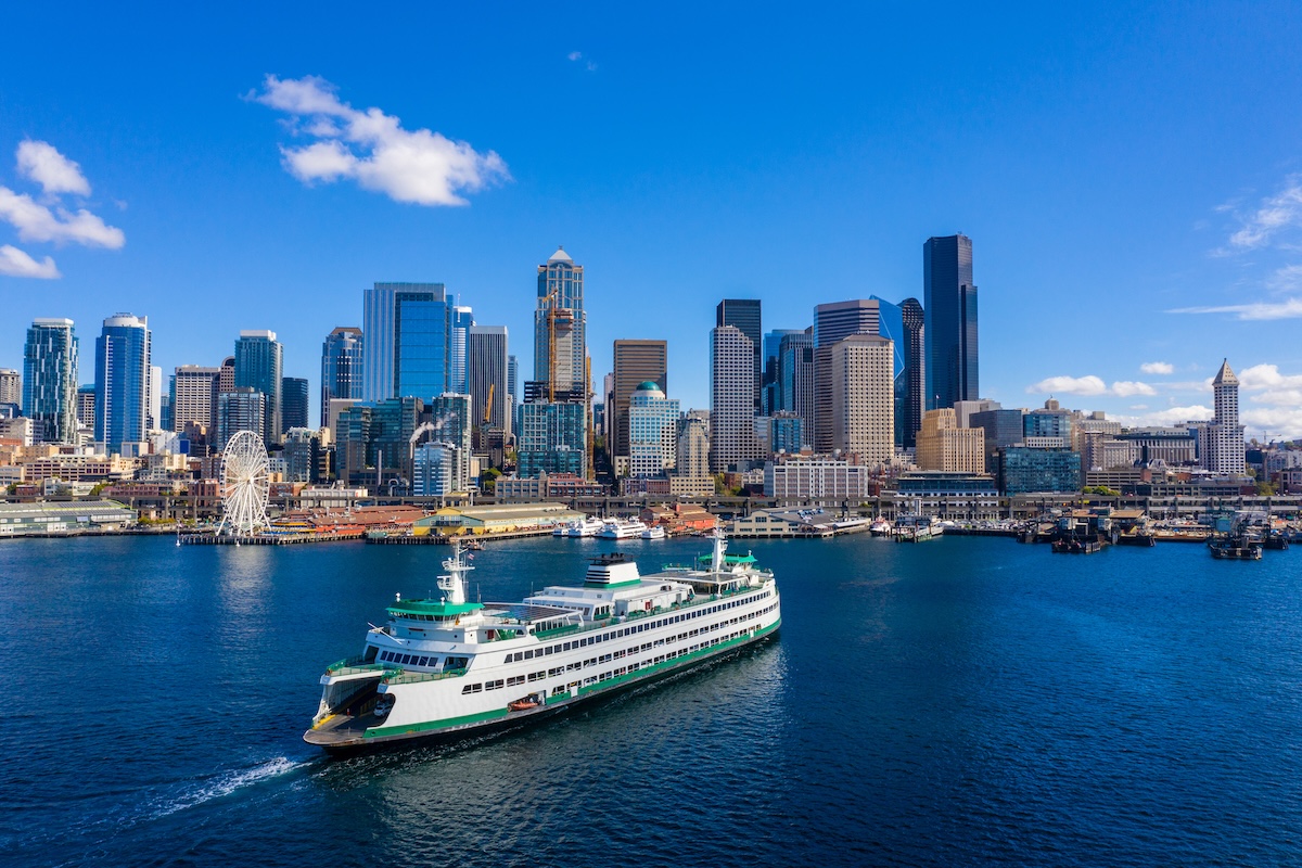 WSDOT Ferry in front of the Seattle City Skyline