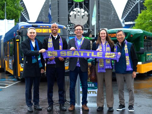 Governor Bob Ferguson, King County Executive Girmay Zahilay, Seattle Mayor Katie B. Wilson, Sound Transit CEO Dow Constantine, and leaders from the Washington State Department of Transportation (WSDOT), King County Metro, Port of Seattle, and the Seattle Department of Transportation (SDOT)
