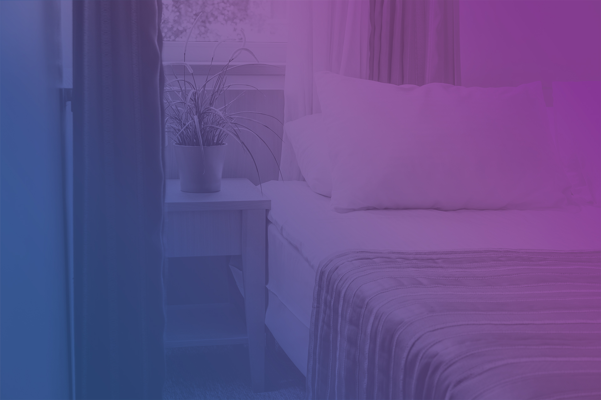 Minimalist bedroom with potted plant on nightstand, soft purple gradient
