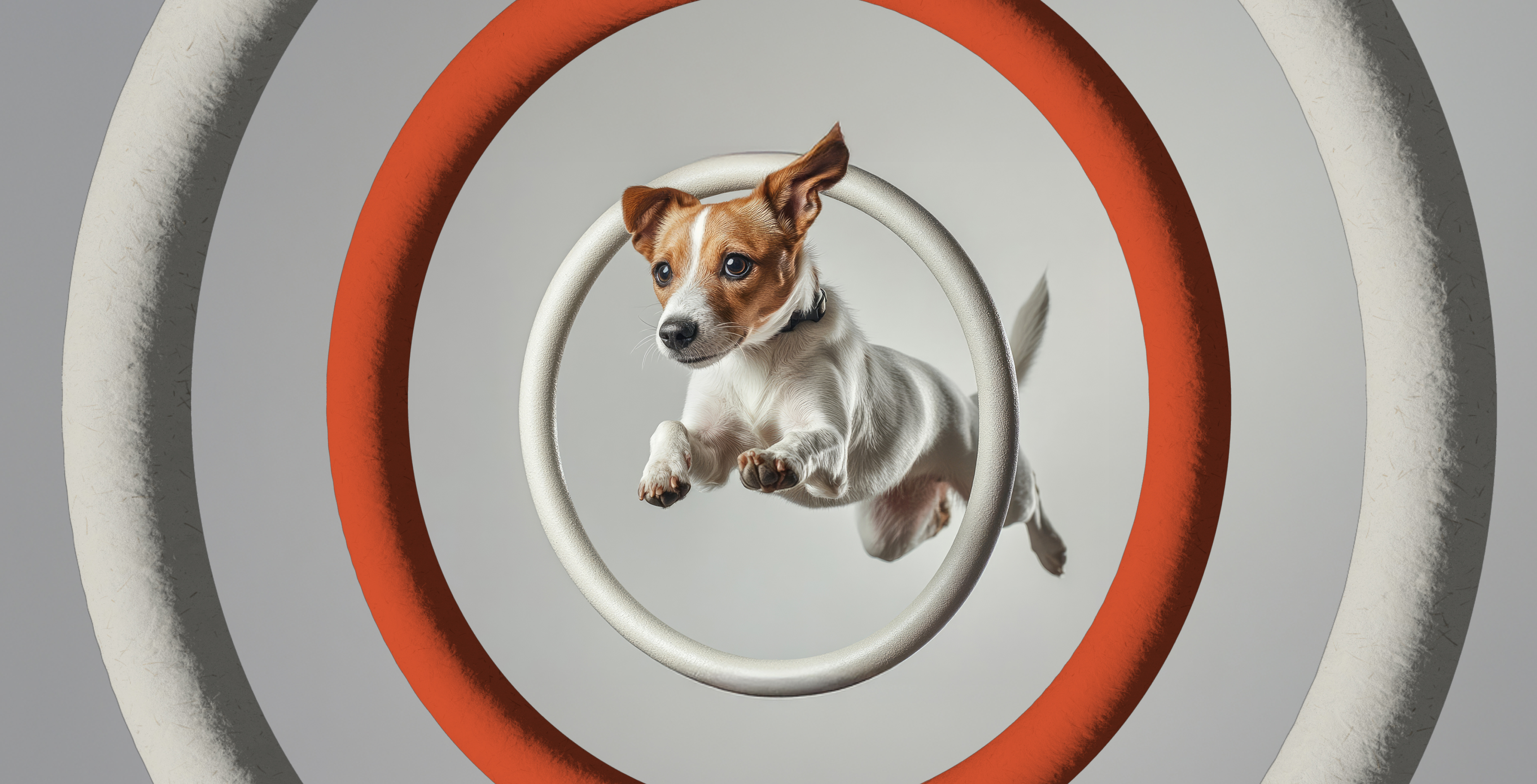 A small Jack Russell Terrier mid-jump through a series of colorful hoops, symbolizing agility, focus, and determination.