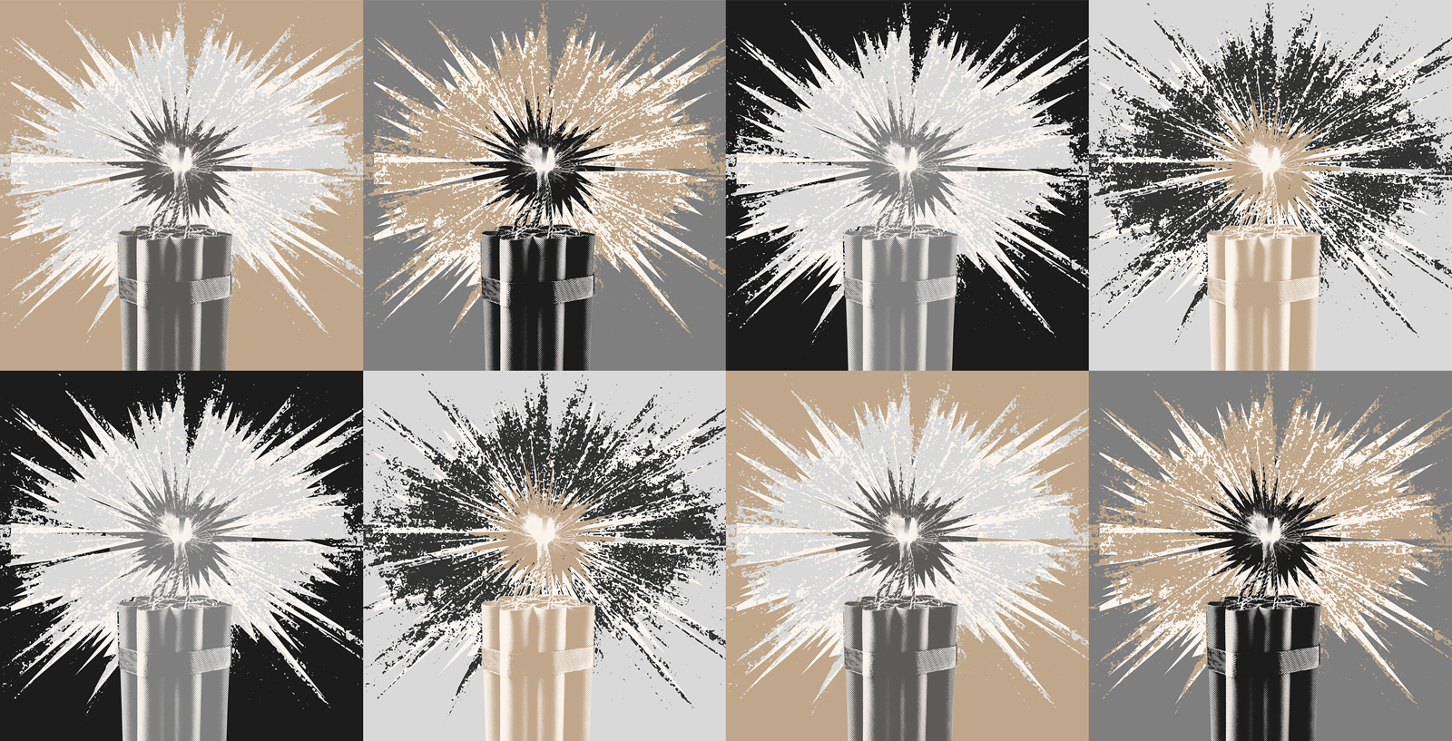 Abstract illustration of a dynamite stick exploding in a starburst pattern, shown in multiple neutral color variations.