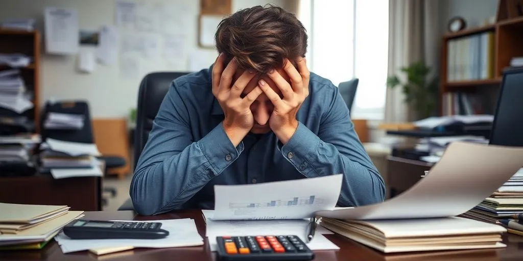 Stressed employee at desk with financial documents and calculator.