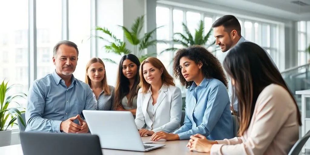 Diverse employees discussing financial stress in a meeting.