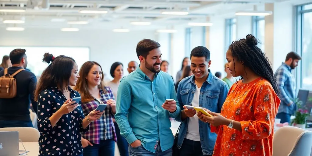 Diverse employees collaborating in a bright, modern office setting.