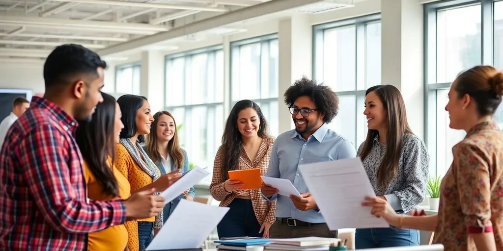 Diverse employees collaborating in a bright, modern office.