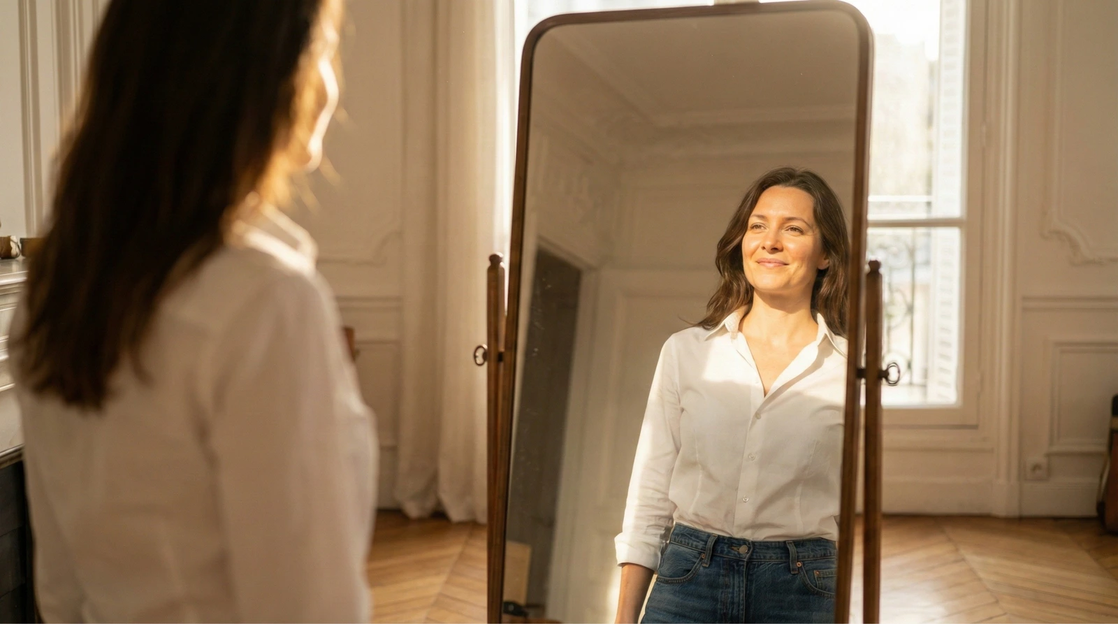 Une femme de 35 ans, rayonnante et naturelle, se regarde dans un grand miroir sur pied dans un appartement parisien lumineux (parquet, moulures). Elle ne regarde pas ses vêtements, elle se regarde elle dans les yeux avec bienveillance et confiance. Elle porte une chemise blanche simple mais parfaitement coupée et un jean brut.