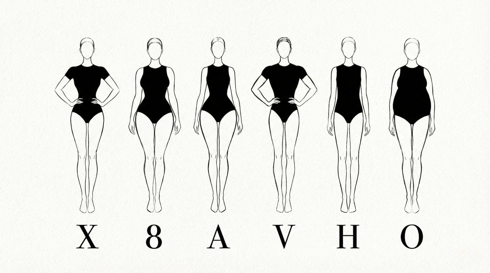 Illustration des 6 types de morphologies femmes (X, 8, A, V, H, O) en body noir pour identifier sa silhouette.