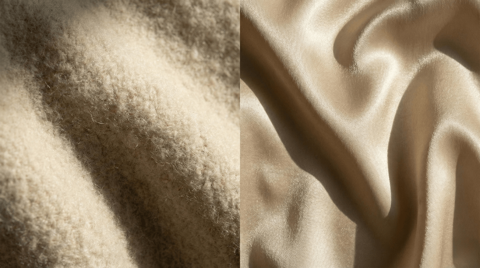 Comparaison de textures de tissus : la laine mate qui absorbe le volume vs le satin brillant qui renvoie la lumière.