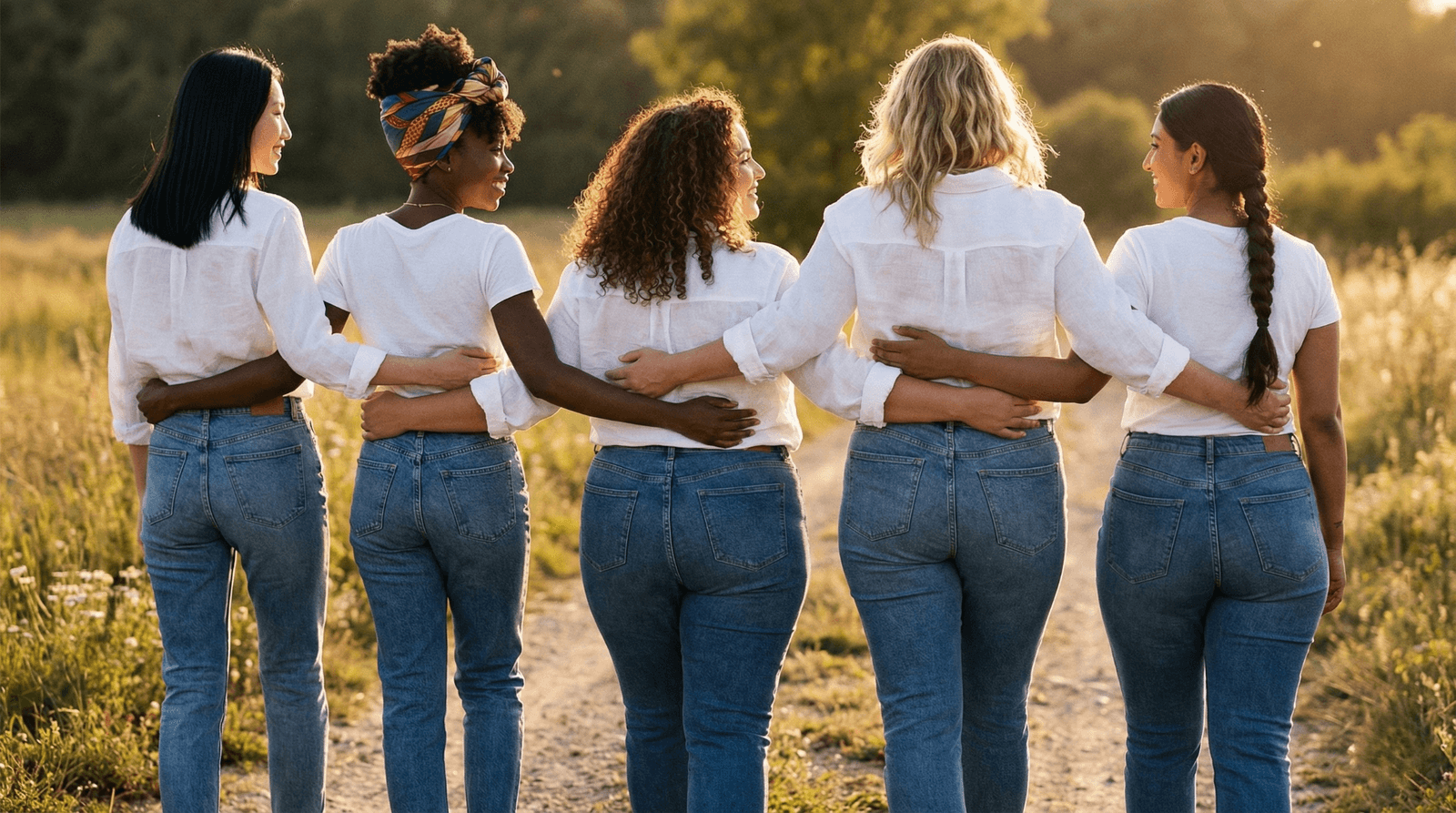 Photographie de groupe inclusive montrant cinq femmes d'origines et de silhouettes variées (ronde, fine, hanches larges...), illustrant la diversité de la morphologie femme dans une lumière naturelle.