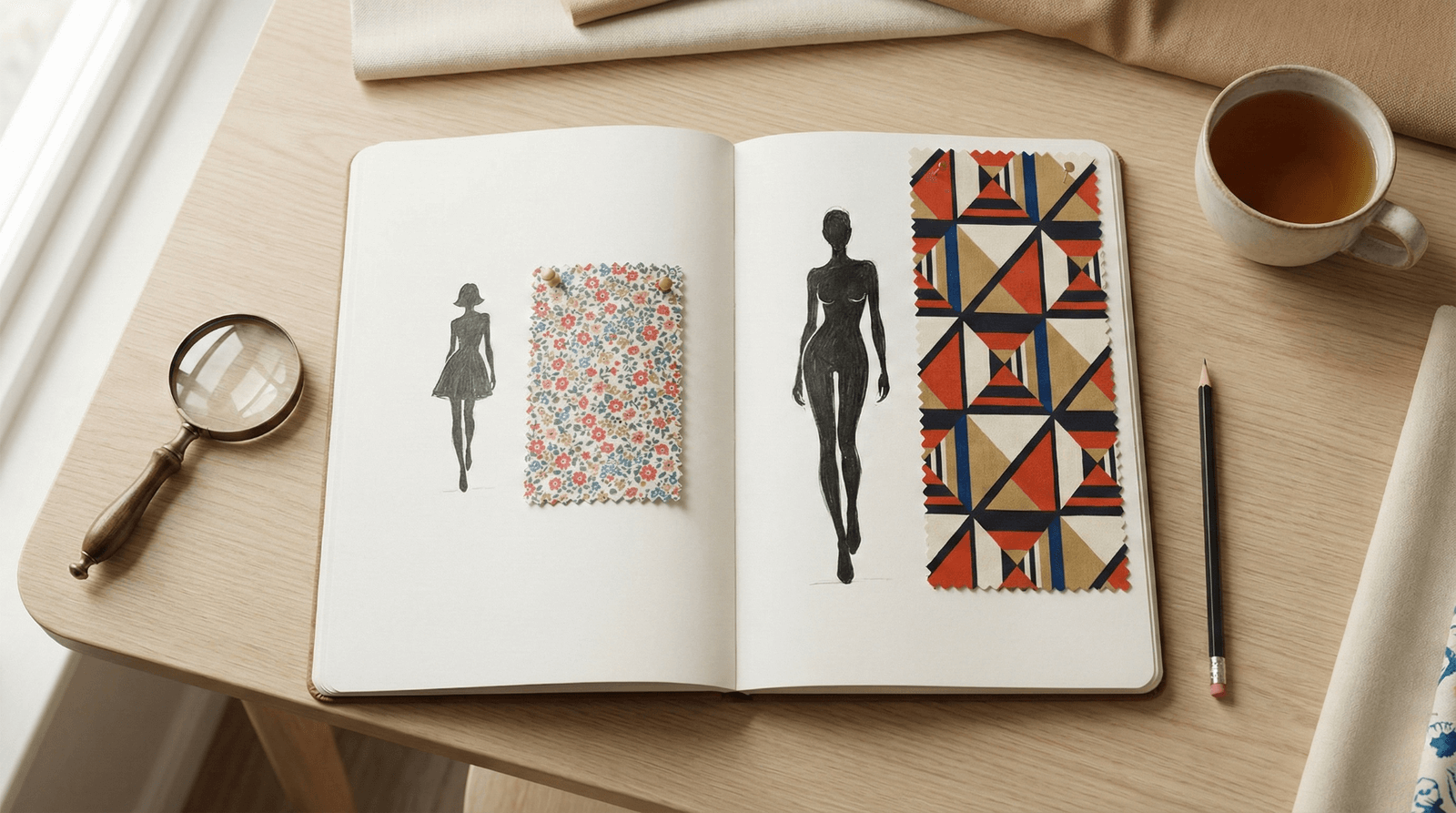 Bureau de conseillère en image : comparaison sur croquis et échantillons de tissus entre de petits motifs pour une femme petite et de grands motifs graphiques pour une femme grande ou pulpeuse.