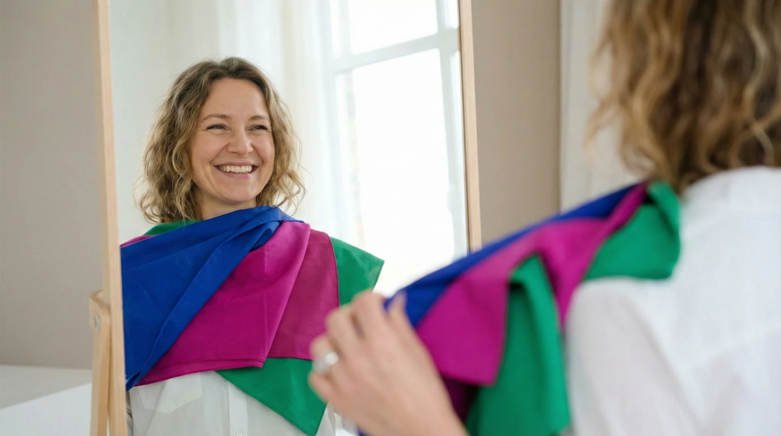 Séance de drapage professionnel lors d'un test de colorimétrie : une femme découvre l'effet bonne mine des couleurs vives face au miroir avec une conseillère en image.
