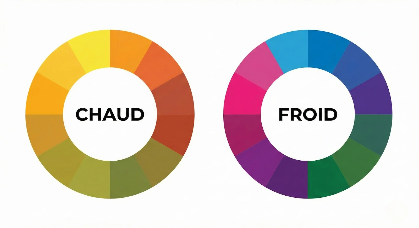 Schéma comparatif colorimétrie : distinction visuelle entre le cercle chromatique des tons chauds (jaune, orangé) et celui des tons froids (bleu, violet).