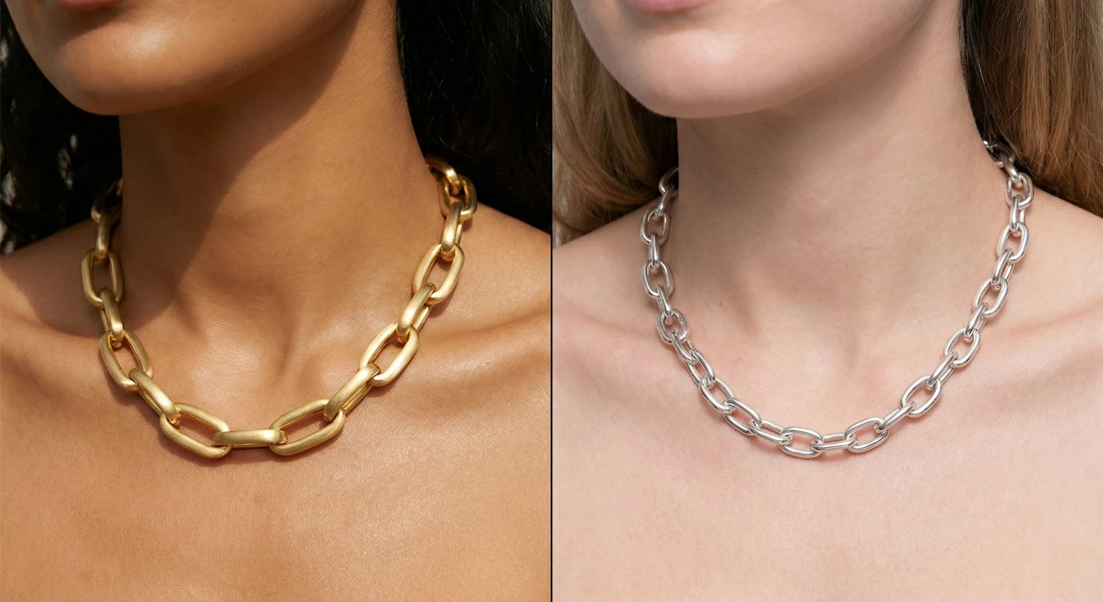 Comparatif visuel du test des métaux : impact de l'or sur une peau à sous-ton chaud versus argent sur une peau à sous-ton froid pour déterminer sa colorimétrie.