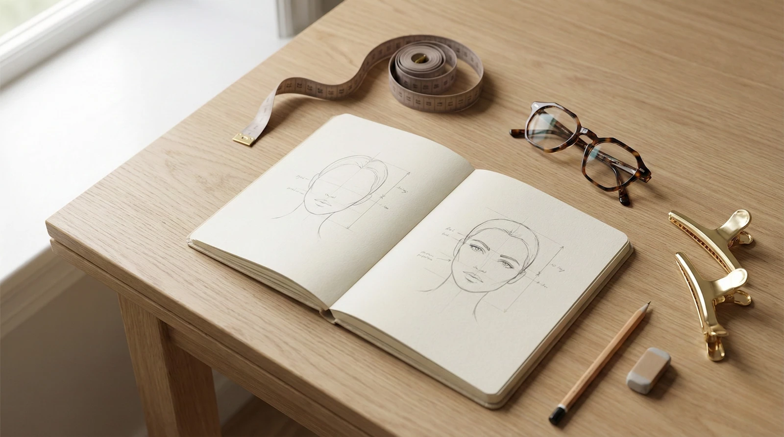 Outils d'analyse morphologique sur un bureau en bois : carnet de croquis illustrant les différentes formes de visage, lunettes géométriques et accessoires de coiffure pour une étude de visagisme.