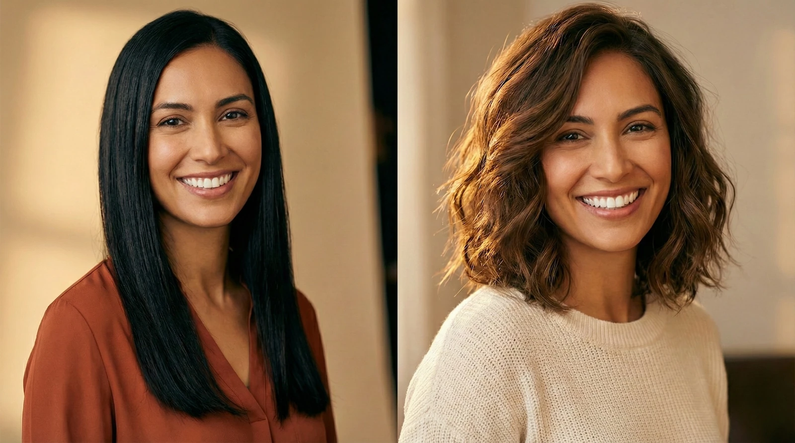 Avant/après coiffure et visagisme : démonstration sur un visage allongé de l'effet d'une coupe longue et plate, comparé à un carré mi-long ondulé qui rééquilibre les volumes et adoucit les traits.