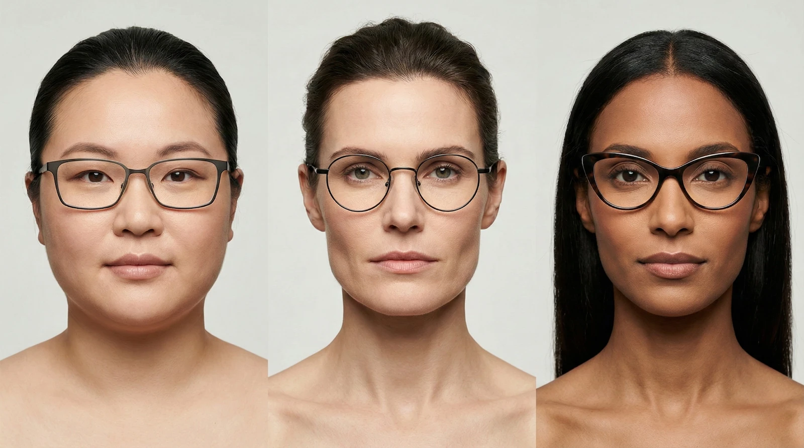 Triptyque d'étude morphologique en studio : démonstration de visagisme avec trois femmes portant des montures de lunettes spécifiquement adaptées à leur forme de visage (rond, carré et ovale).