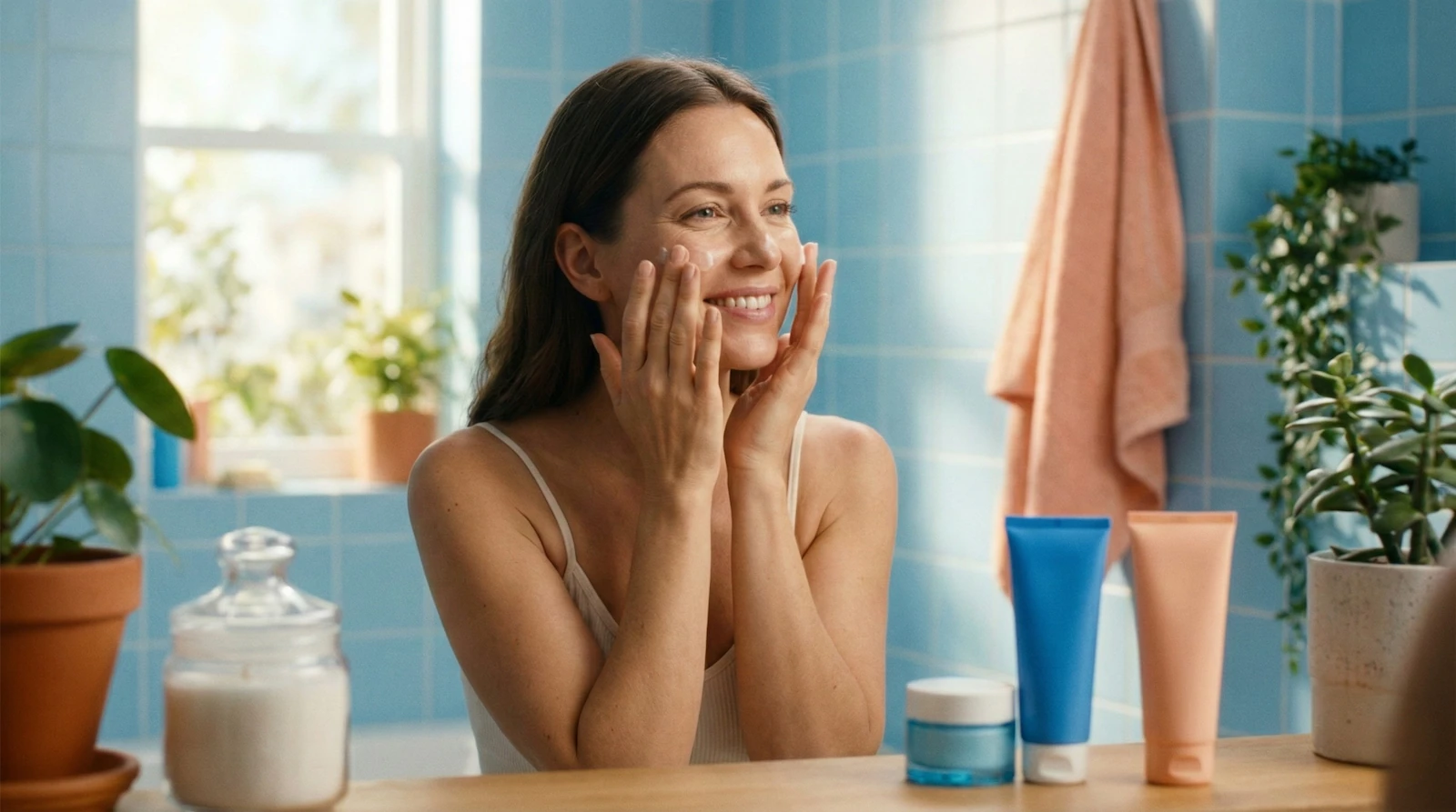 Femme souriante appliquant sa routine soins du visage express le matin dans une salle de bain lumineuse