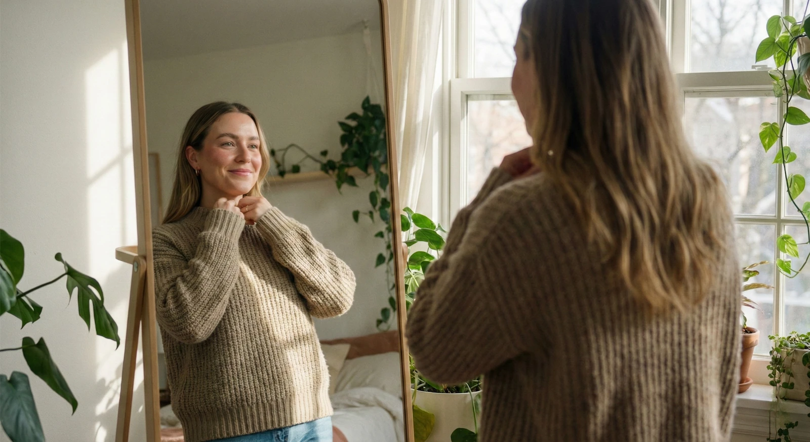 Femme confiante devant son miroir avec un maquillage de jour naturel et lumineux, résultat d'une routine soins du visage express