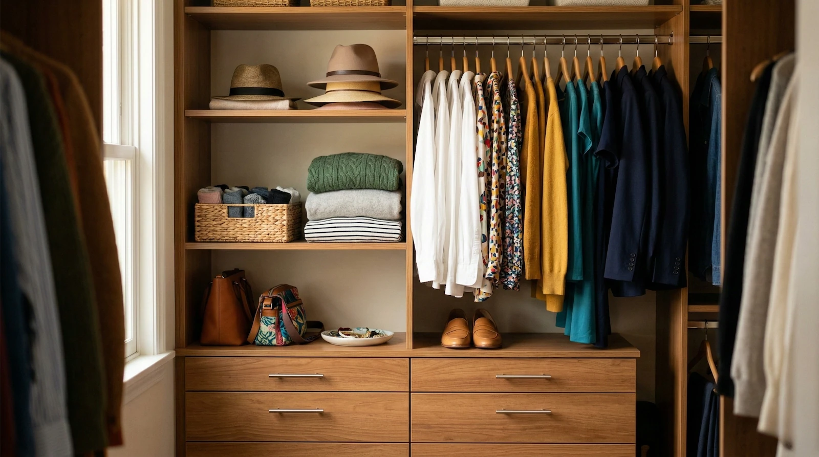 Dressing de femme classique, spacieux et parfaitement ordonné après un tri professionnel, montrant un mélange fonctionnel d'étagères et de tringles.