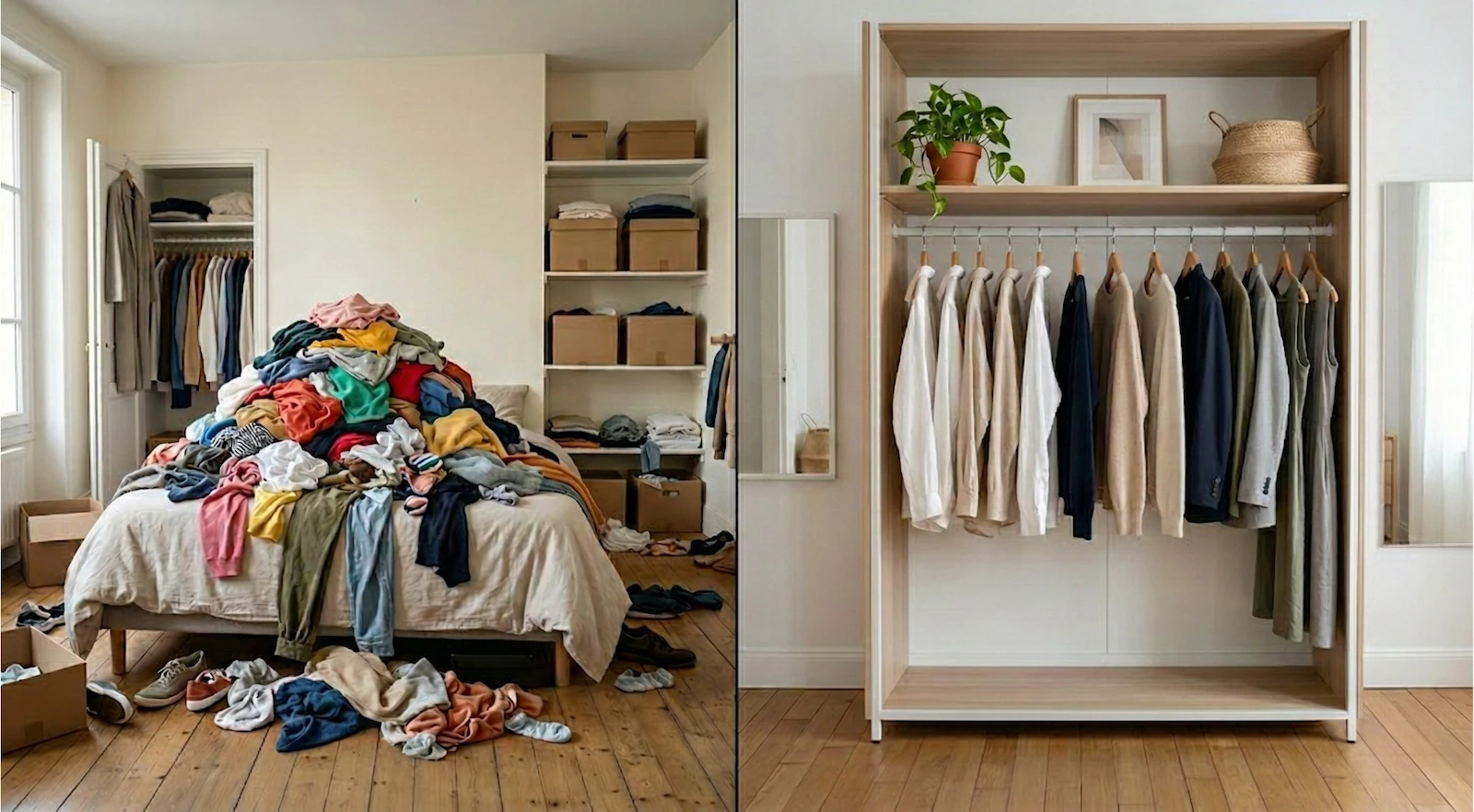 Avant et après le tri d'une garde-robe montrant une montagne de vêtements à désencombrer puis une penderie minimaliste et aérée.