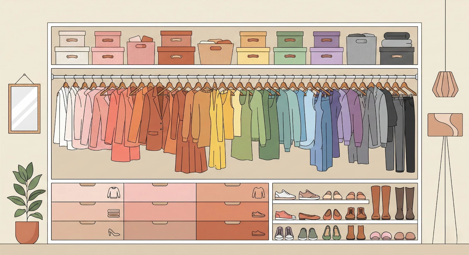 Schéma explicatif d'organisation pour ranger son dressing avec des boîtes en haut, une tringle au milieu et des tiroirs à chaussures en bas.