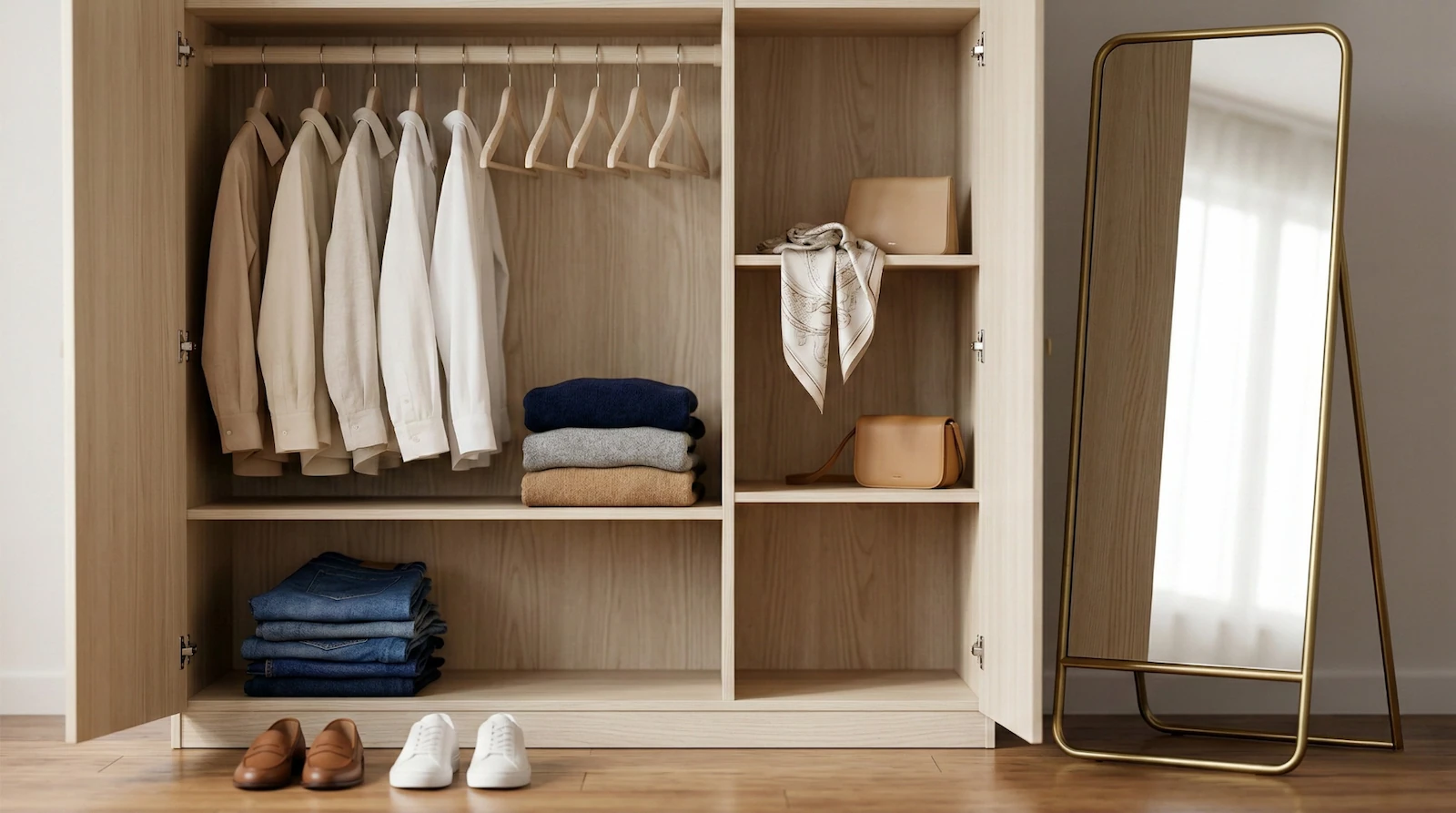 Penderie ouverte présentant une garde-robe capsule féminine minimaliste. On y voit des basiques essentiels de qualité parfaitement rangés dans des tons neutres : chemises sur cintres en bois, pulls en cachemire pliés, jeans bruts et chaussures épurées.