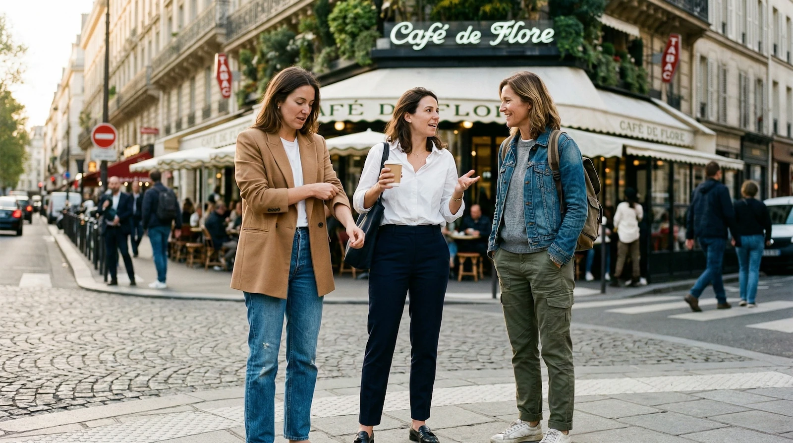 Trois femmes discutant naturellement en ville, illustrant le style quotidien d'une garde-robe capsule avec des basiques intemporels : blazer camel sur jean droit, chemise blanche et veste en jean.