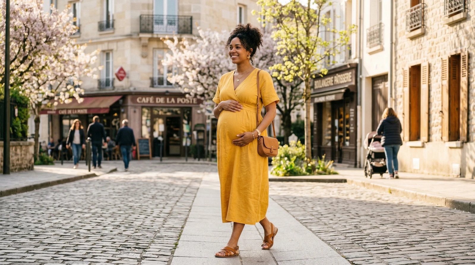 Femme enceinte élégante portant une robe fluide jaune safran et marchant dans une rue ensoleillée au printemps.