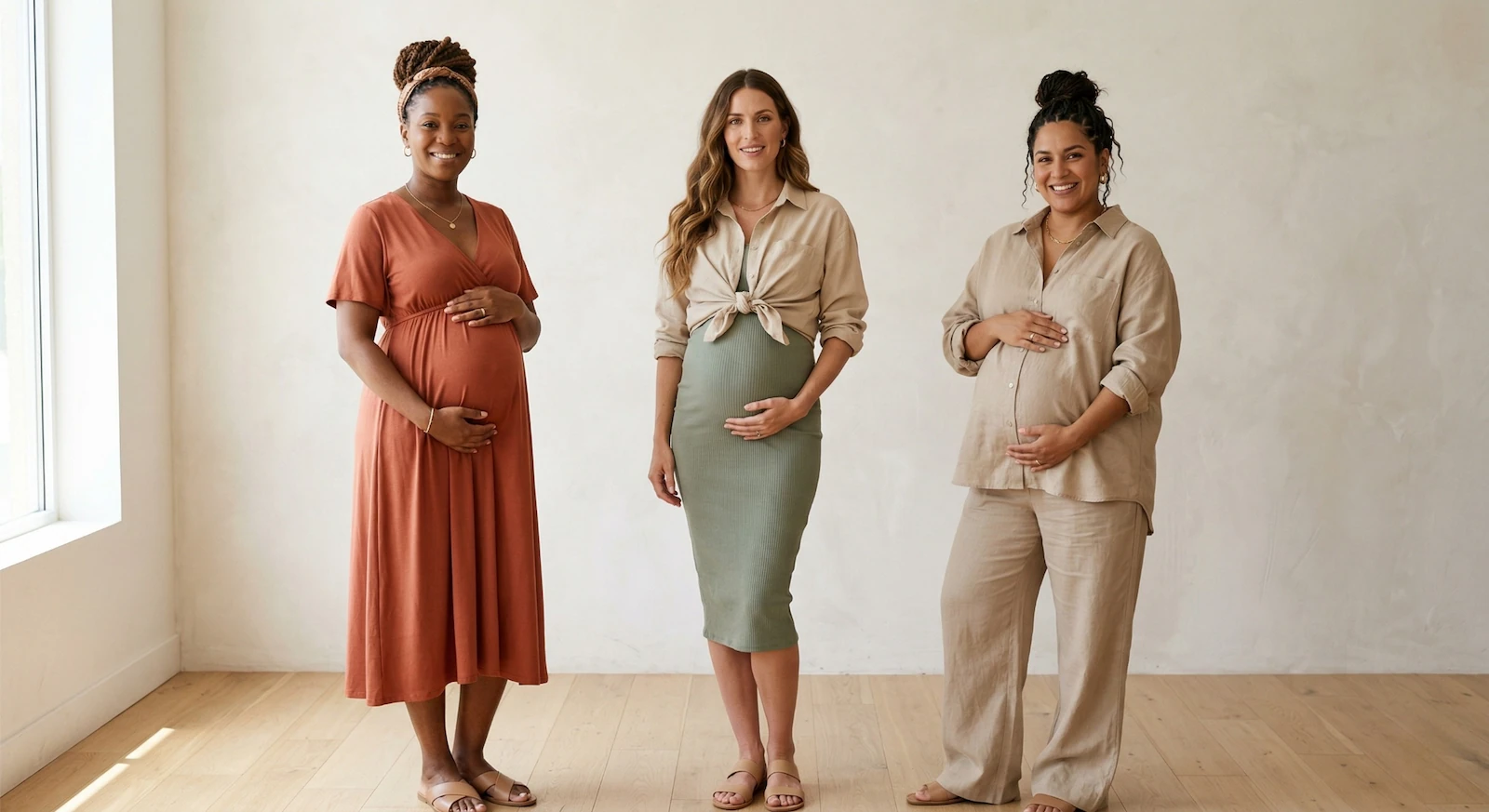 Comparatif de tenues de grossesse : trois femmes aux morphologies variées portant une robe empire, une jupe tube et un ensemble en lin.
