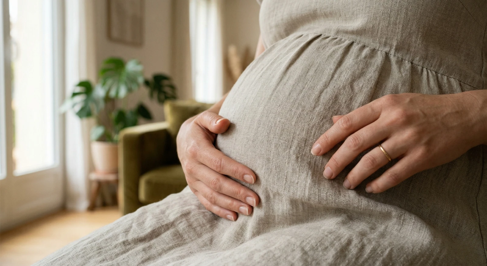 Plan rapproché sur les mains d'une femme enceinte touchant un vêtement en lin pour illustrer le confort des matières naturelles durant la grossesse.