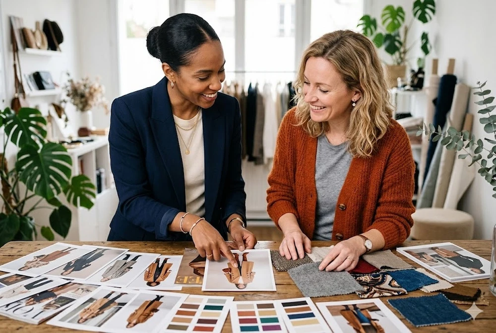 Conseil en image et colorimétrie personnalisée : analyse des couleurs, tissus et tenues pour créer un style adapté et valorisant.