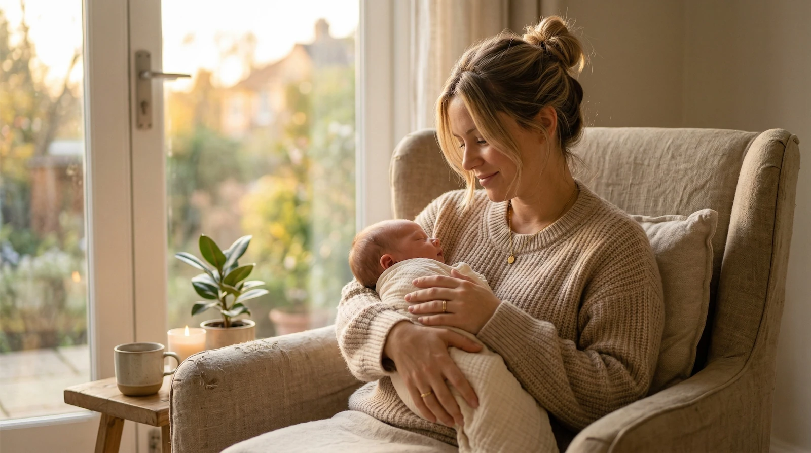 Jeune femme épanouie en période de post-partum assise dans un fauteuil en lin, tenant tendrement son nouveau-né endormi près d'une fenêtre lumineuse, portant un pull en maille beige confortable et élégant
