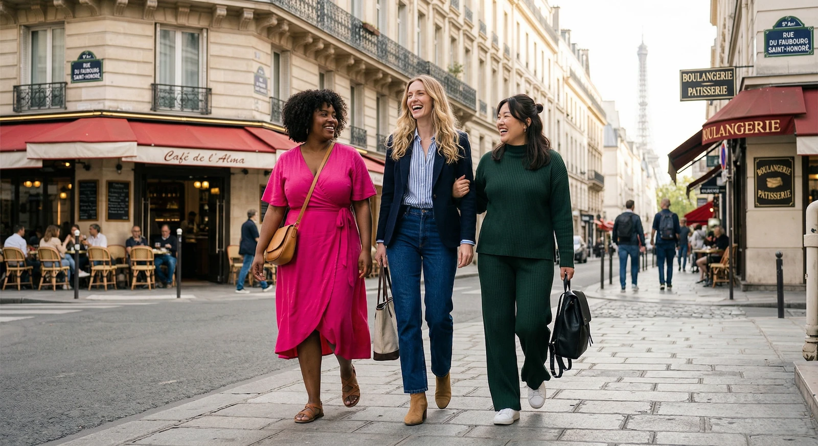 Trois femmes aux morphologies différentes portant des tenues de transition post-partum élégantes et confortables.