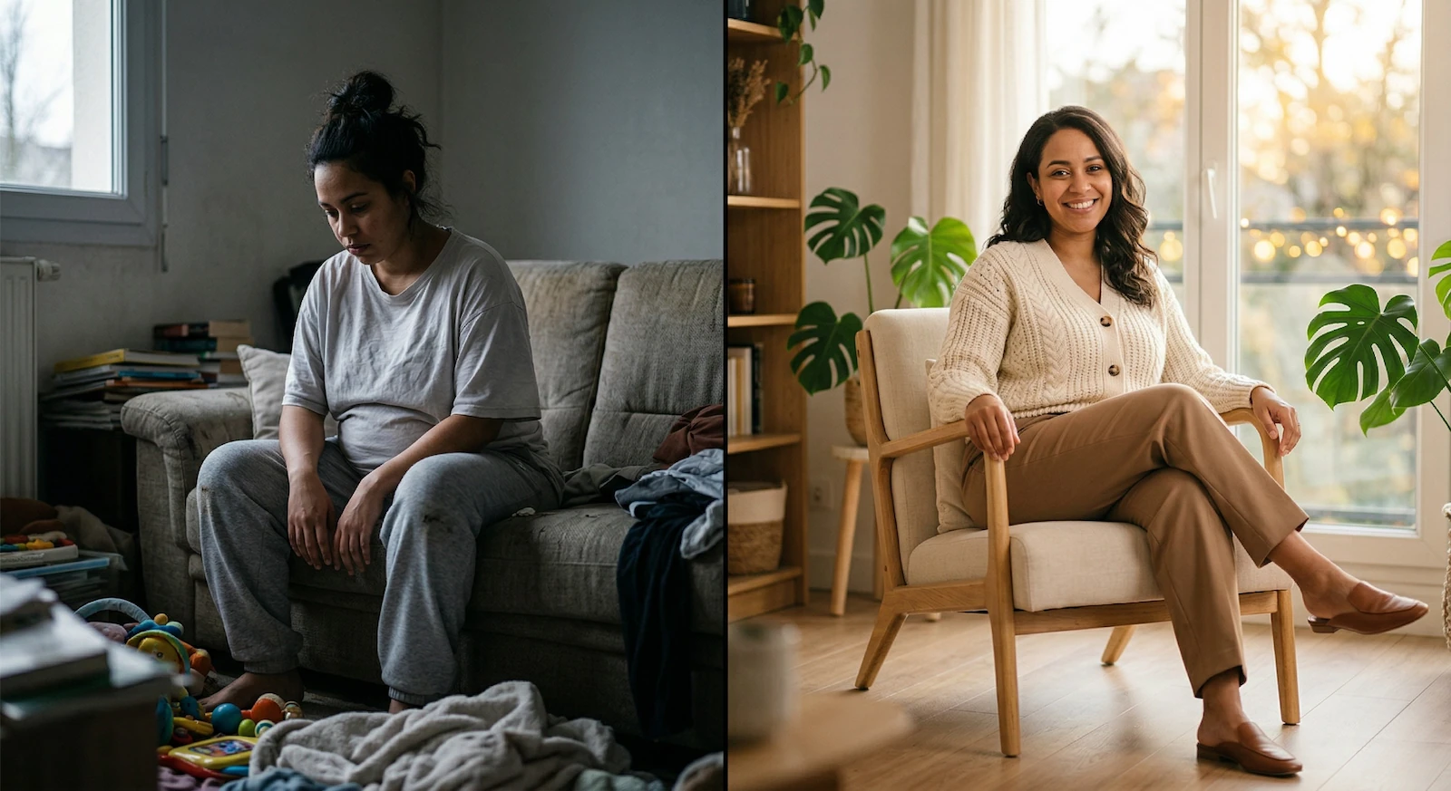 Comparaison entre une tenue négligée subie et un look post-partum choisi et structuré pour retrouver confiance en soi.