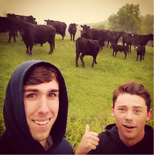 Old photo of two of the founders of Peartree Web Development taking a selfie in a field with a herd of black cows in the background.
