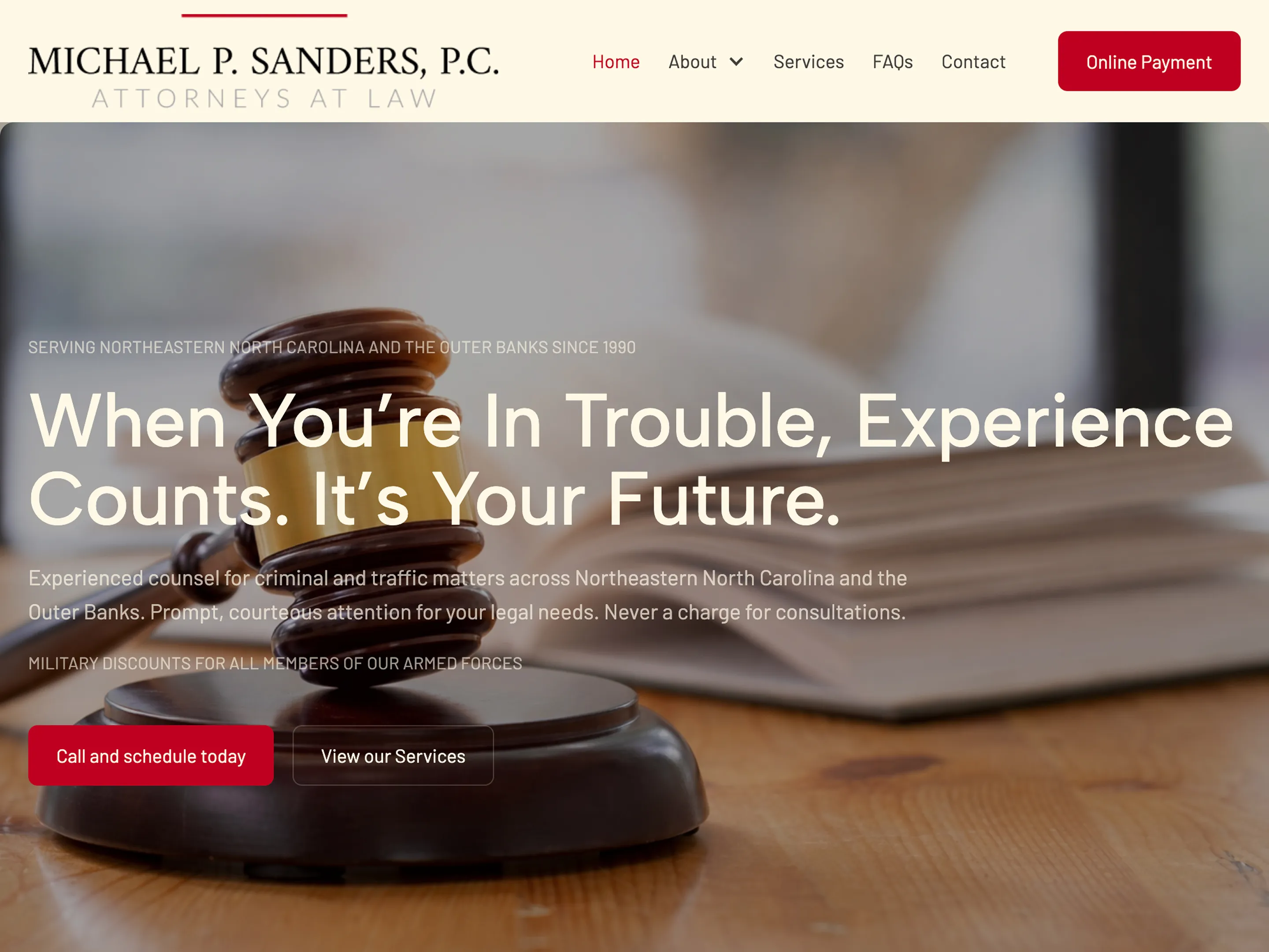 A web design portfolio item of the Michael Sanders Law website, designed and developed by Peartree Web Development